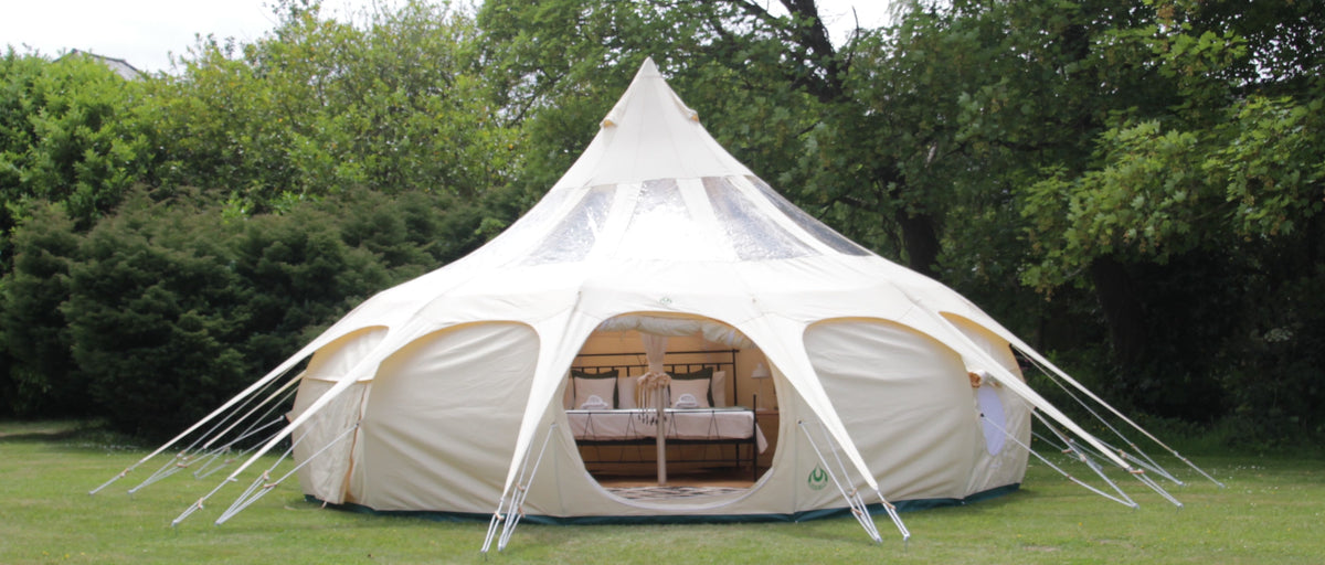6m Tents - picture of a canvas, 6m bell tent with roof cover. Perfect 6 man tent with lots of standing room and superior quality. Lotus Belle